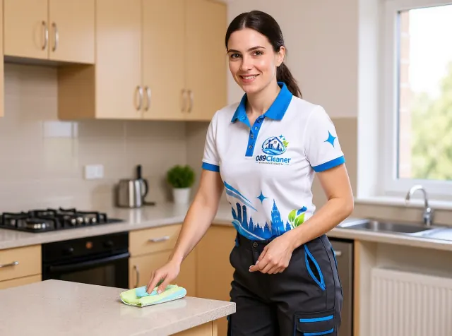 Reinigungskraft von 089Cleaner wischt die Arbeitsfläche einer hellen Küche