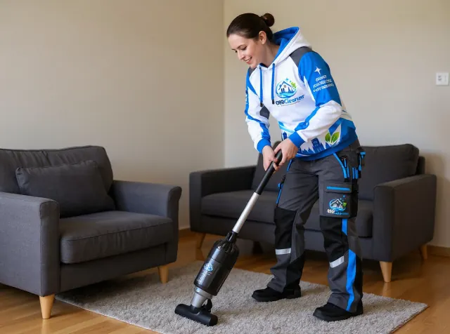 Reinigungskraft von 089Cleaner saugt den Teppich im Wohnzimmer neben einem grauen Sofa