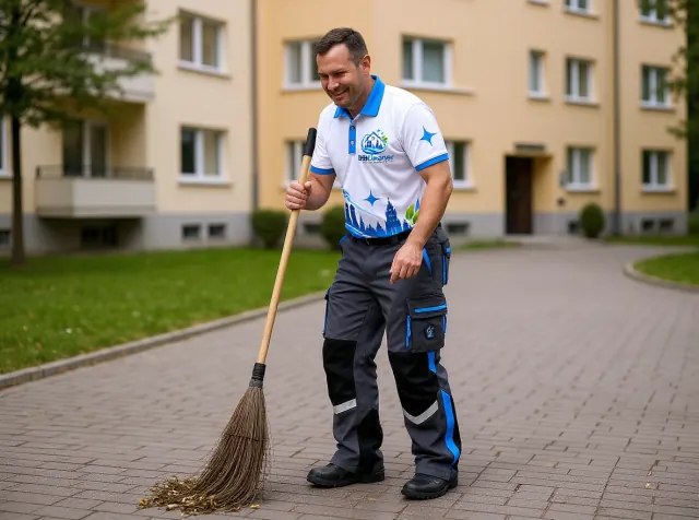 Hausmeister von 089Cleaner kehrt Laub im gepflasterten Hof einer Münchner Wohnanlage