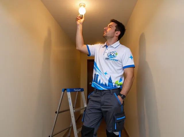 Hausmeister von 089Cleaner tauscht eine Glühbirne an der Decke eines Treppenhauses