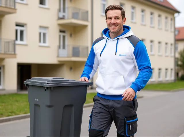Hausmeister von 089Cleaner zieht eine graue Mülltonne vor ein Münchner Wohnhaus