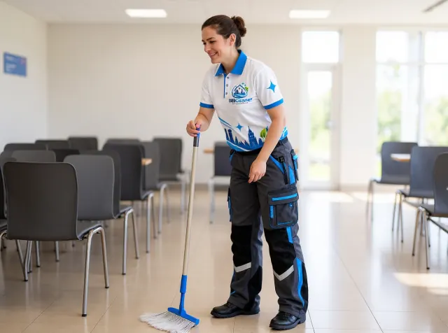 Reinigungskraft von 089Cleaner wischt den Boden eines hellen Wartezimmers