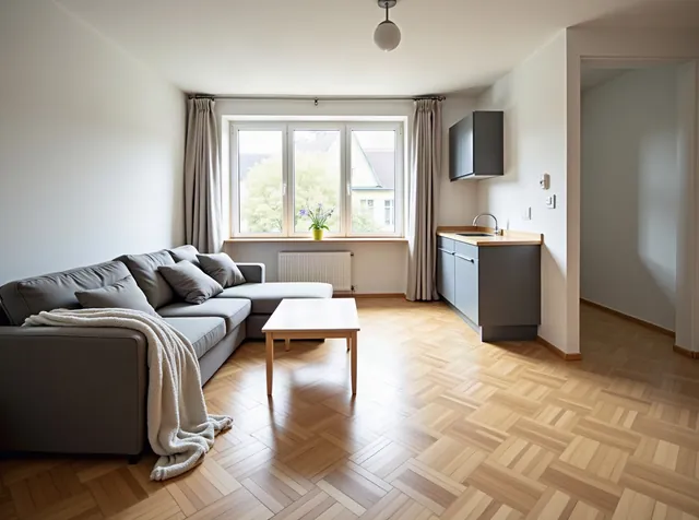 Aufgeräumtes, helles Wohnzimmer einer Münchner Wohnung mit sauberem Parkett, Sofa und offener Küche