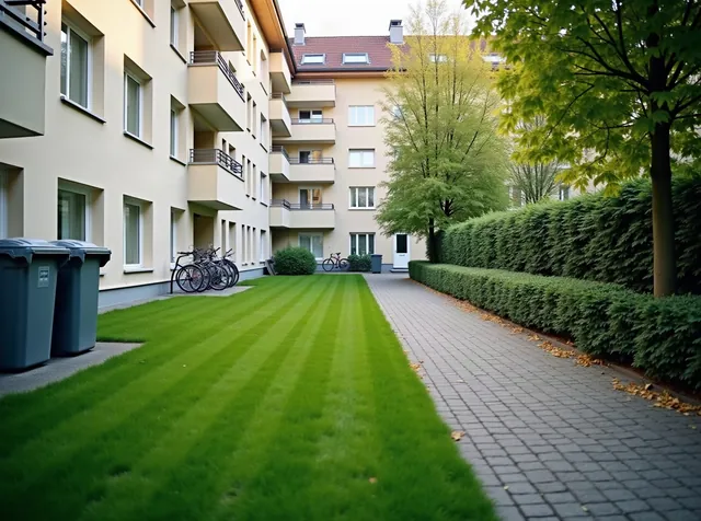 Gepflegter Innenhof einer Münchner Wohnanlage mit frisch gemähtem Rasen, gekehrtem Pflasterweg und ordentlich aufgestellten Mülltonnen