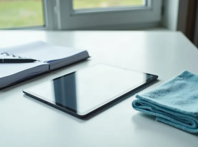 Tablet und Notizbuch auf einem hellen Schreibtisch neben gefalteten Mikrofasertüchern