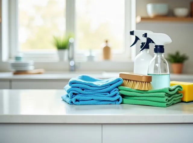 Mikrofasertücher, Bürsten und Sprühflaschen ordentlich auf der sauberen Arbeitsfläche einer hellen Küche