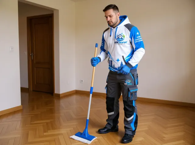 Reinigungskraft von 089Cleaner wischt das Fischgrätparkett einer leeren Wohnung